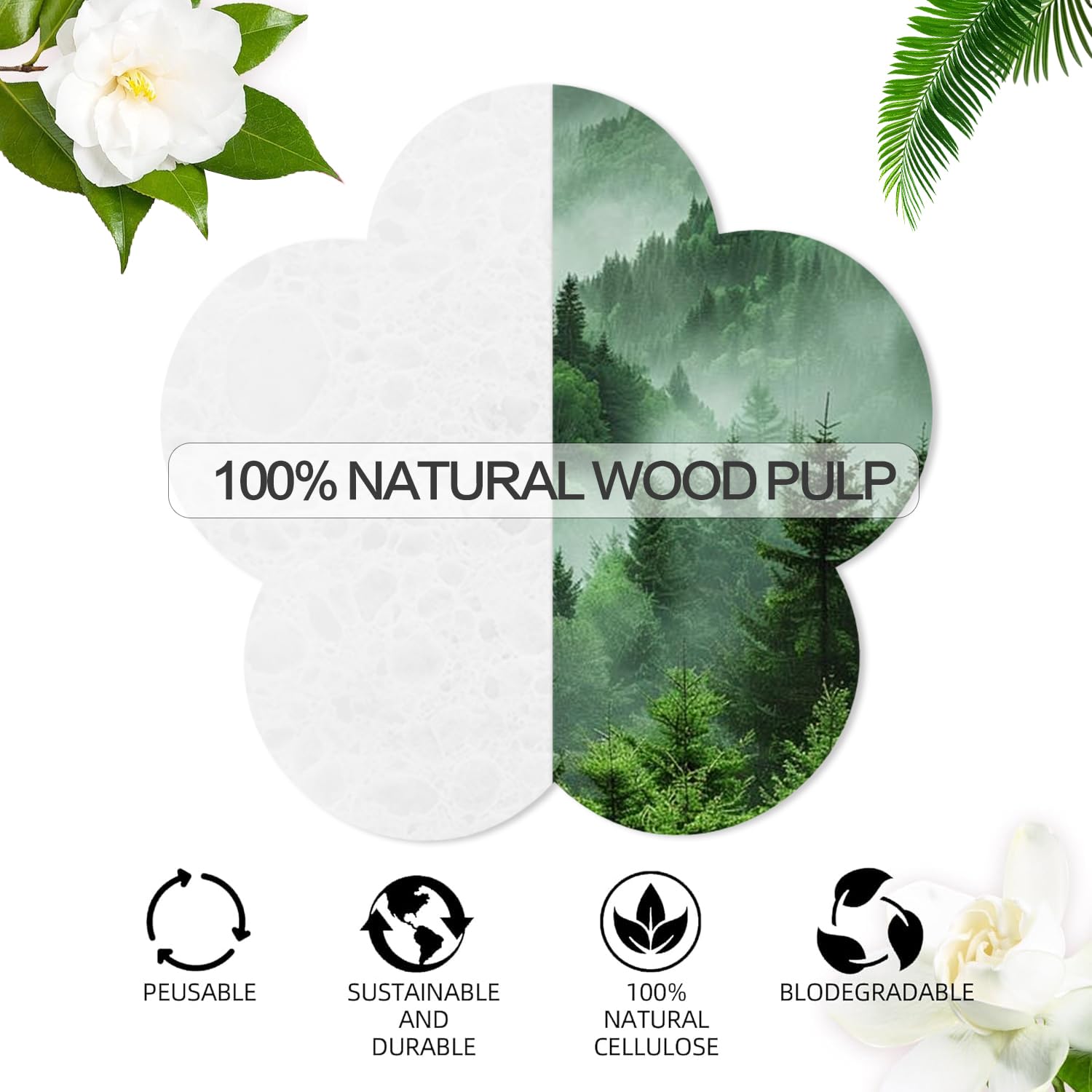 100-Count Facial Sponges Compressed Facial Sponges Natural Facial Cleansing Sponges Pads Cute Flower Shape Exfoliating Sponges for Cleansing Reusable,Best Makeup Gift, White image 3