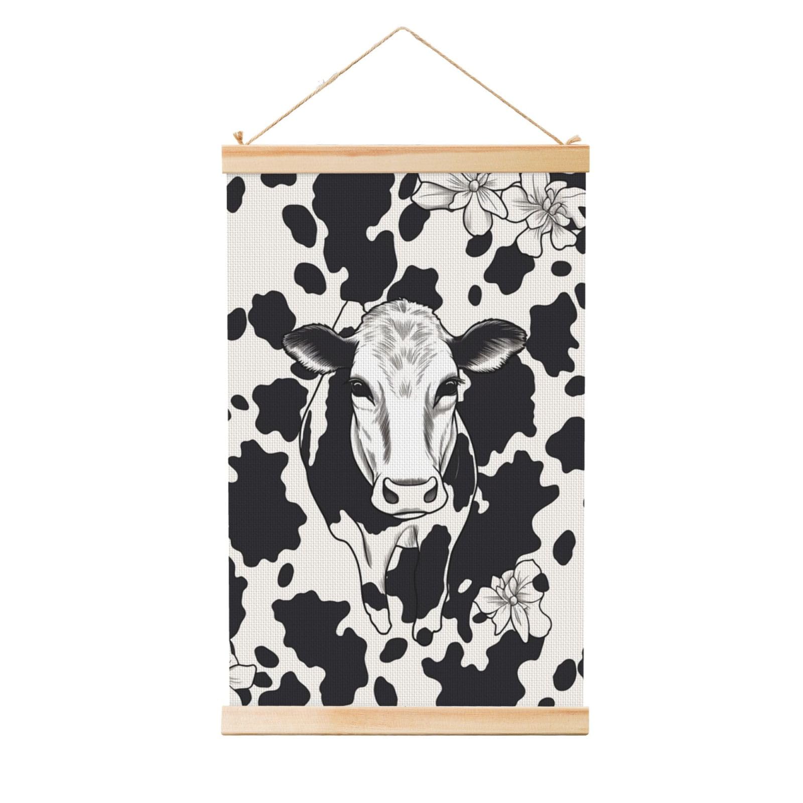 Black And White Cow Posters Wooden Shaft Hanging Poster Canvas Prints Scroll Wall Art Painting Vintage Wall Banner Modern Artwork Decor for Home Decor Ready to Hang 20"x30"