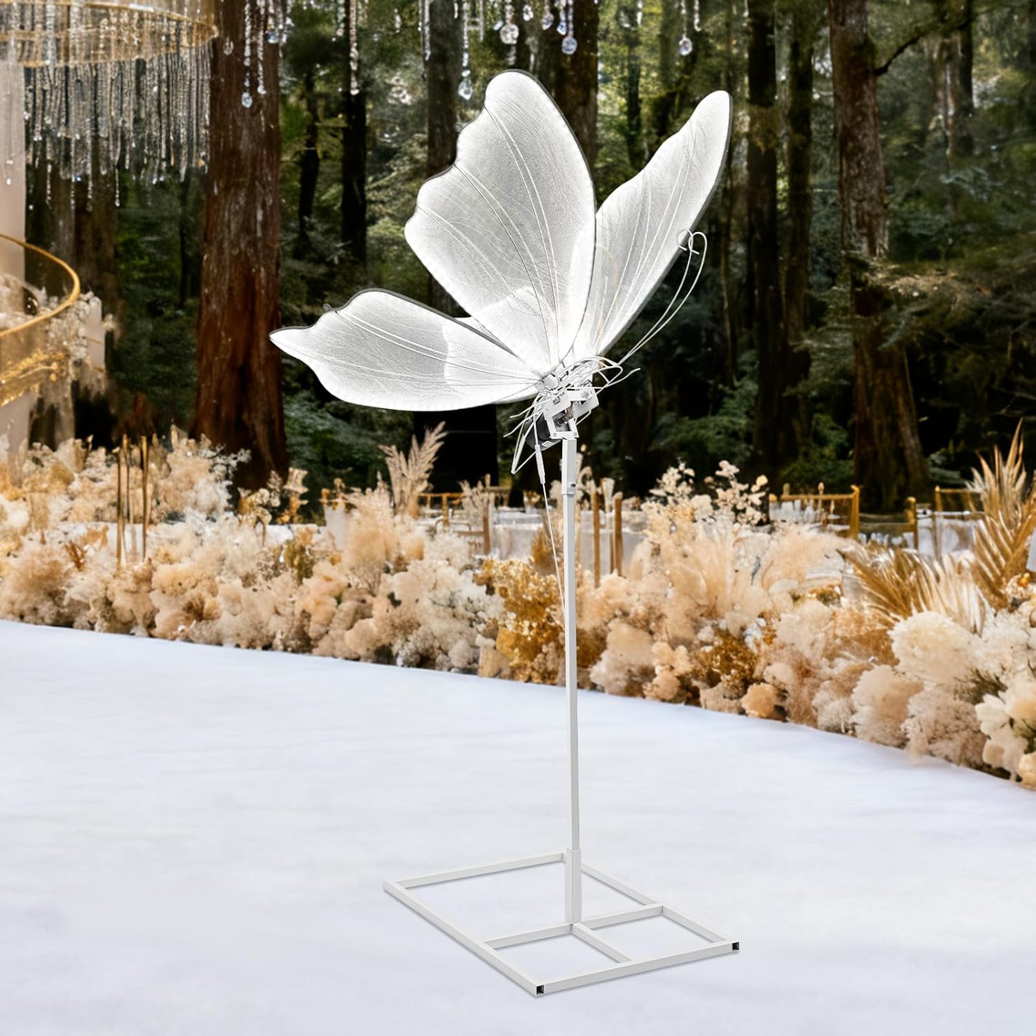 CNCEST 31.5" Electric Movable Butterfly Props with Flapping Wings,28W Wedding Butterfly Floor Lamp with Movable Wings 57.5-70.1" Height LED Butterflies Decoration for Wedding Party(Silver,White,)