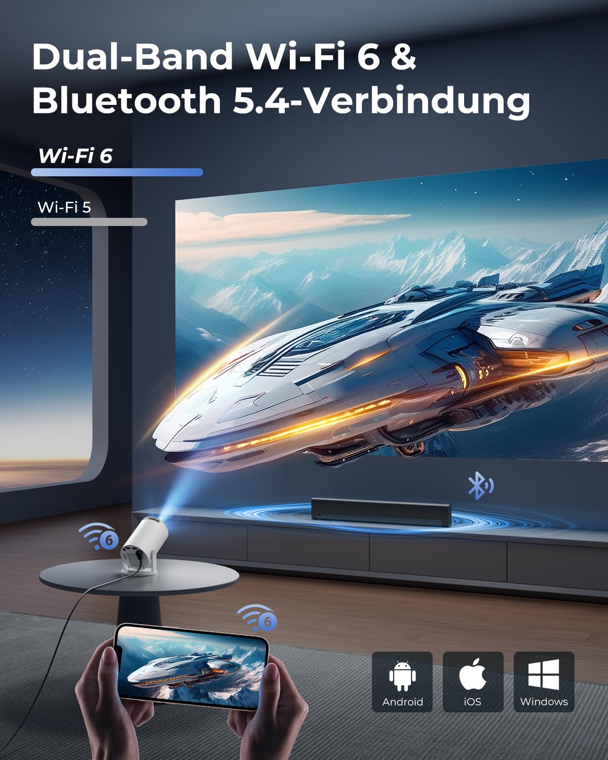 Mini Beamer 4K Unterstützt, 2026 Neuer Beamer Integrierte APP, 20000 Lumens mit Android 14, Automatische Trapezkorrektur, WiFi 6 und Bluetooth 5.4, 180° Dreh Projektor Tragbar Heimkino