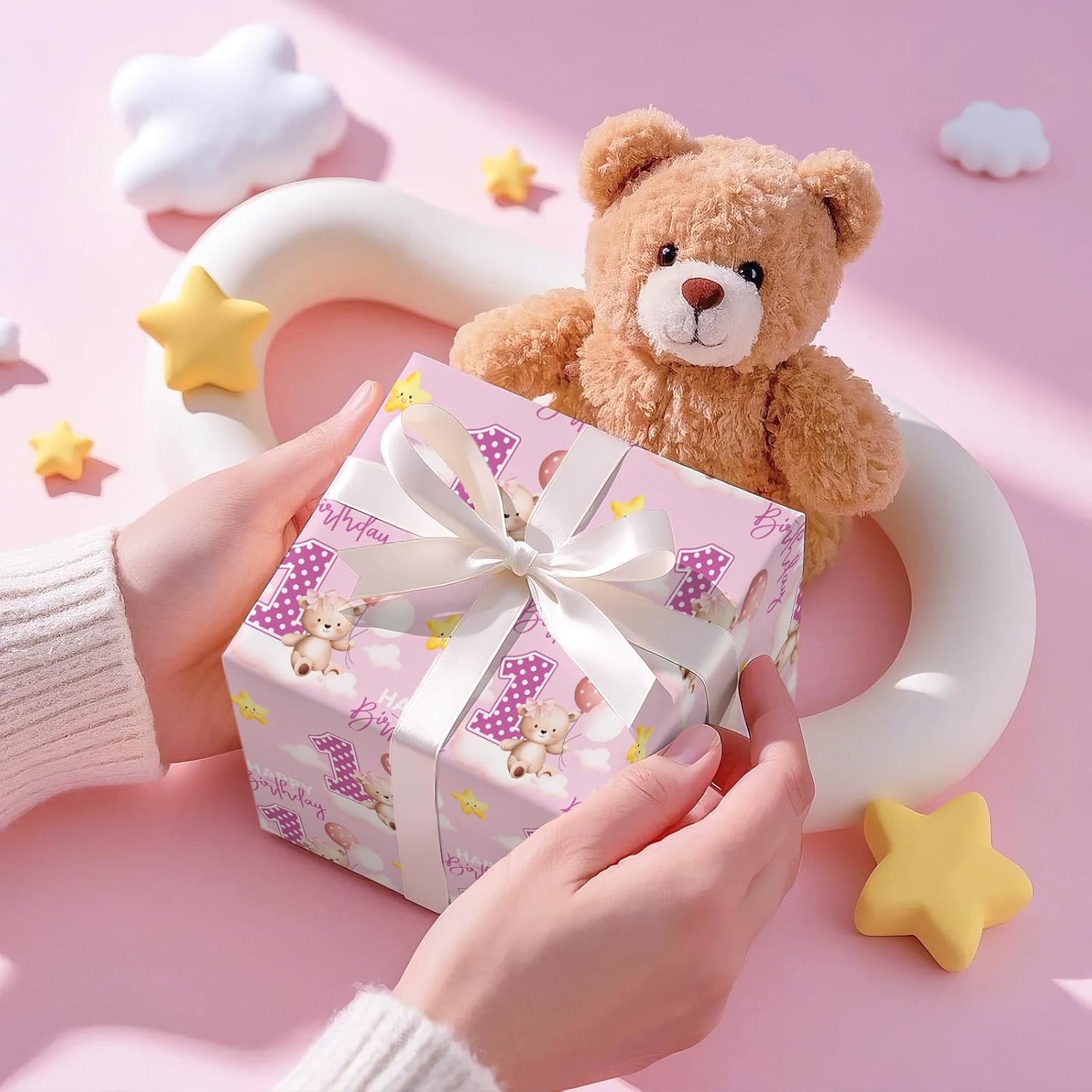 RUSPEPA 1st Birthday Wrapping Paper Roll for Toddler Girl, Mini Roll, Pink Bear Balloons and Number 1 Gift Wrap Paper for First Birthday Party, Baby Shower Celebration, 17 Inches x 16.4 Feet image 4
