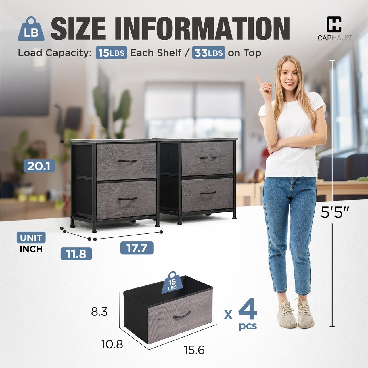 CAPHAUS Set of 2 Drawer Storage Tower w/ 2 Fabric Bins, Nightstand w/ 2 Drawers, Sorting Unit, Chest of Drawers, Organizer w/ P2 Board Top & Fabric Bins, Organizer Unit for Multi-purpose, Grey Oak