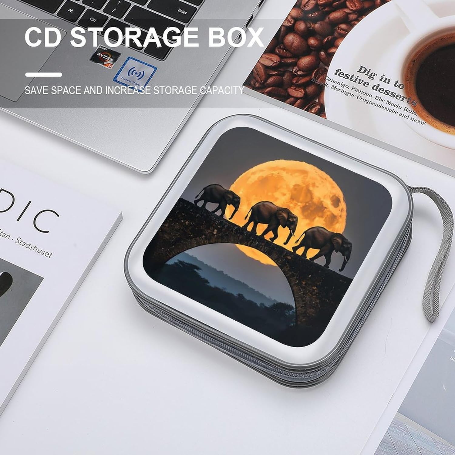 Elephants Walking Under The Moon CD Case Portable DVD Storage Box CD Wallet Holder Binder Organizer for Car Home