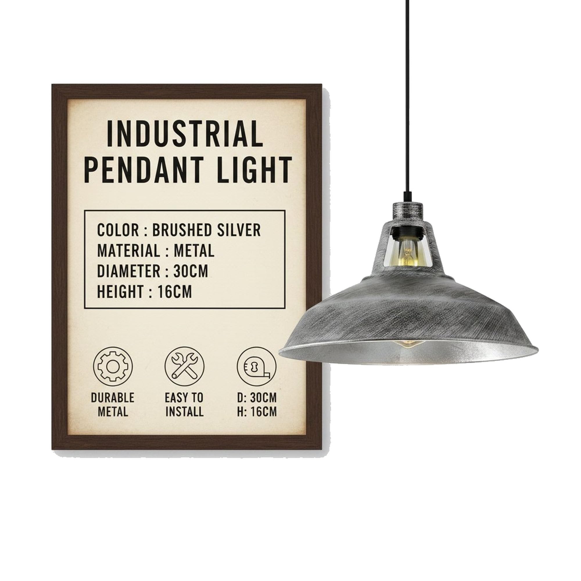 LEDSone Brushed Silver Pendant Light with Bulb Adjustable Cable