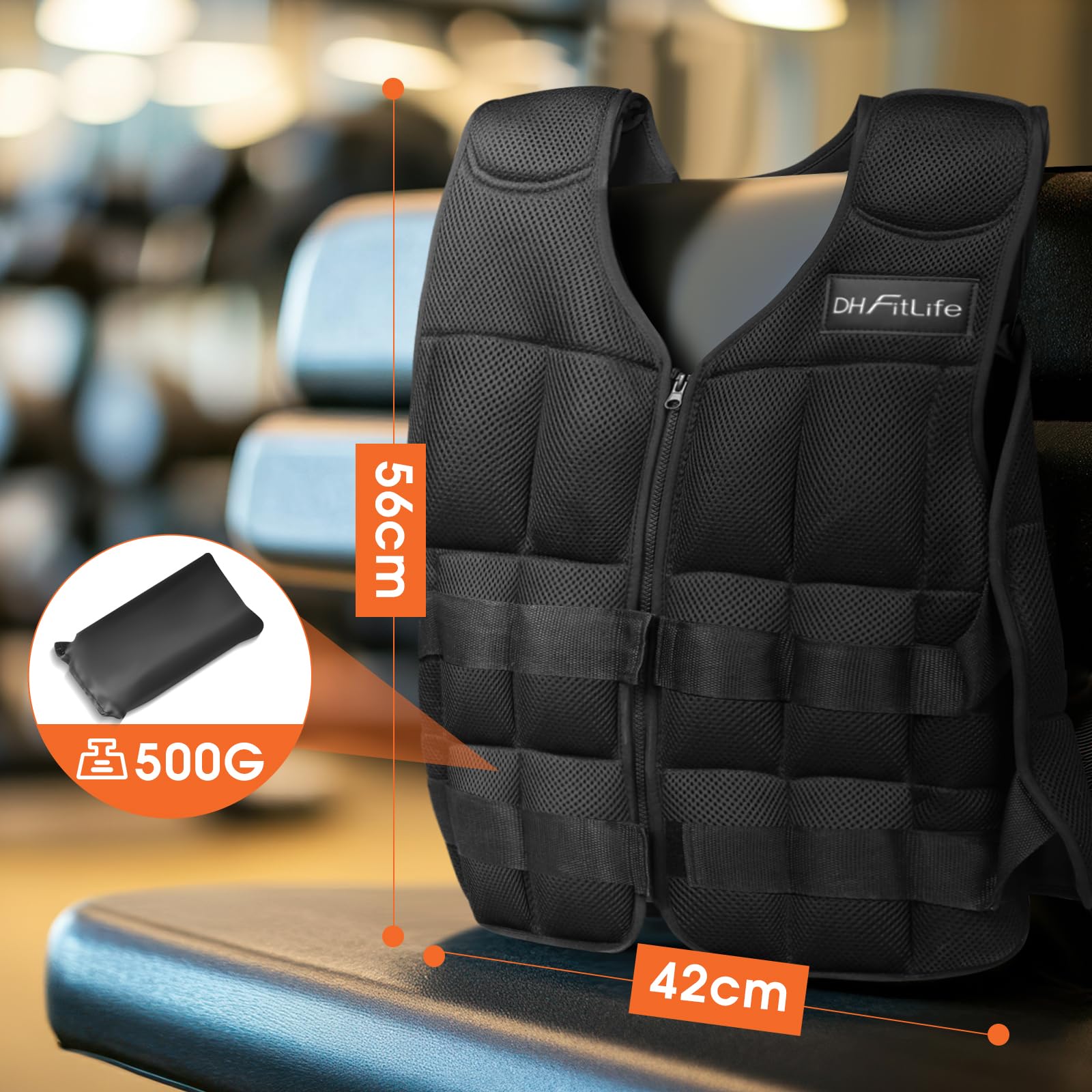 DH FitLife Giubbotto Zavorrato Regolabile 10/20/30kg | Gilet Zavorrato per Allenamento Crossfit, Corsa, Calisthenics e Sviluppo Muscolare | Gilet Pesi con Zip | Weighted Vest per Donna e Uomo
