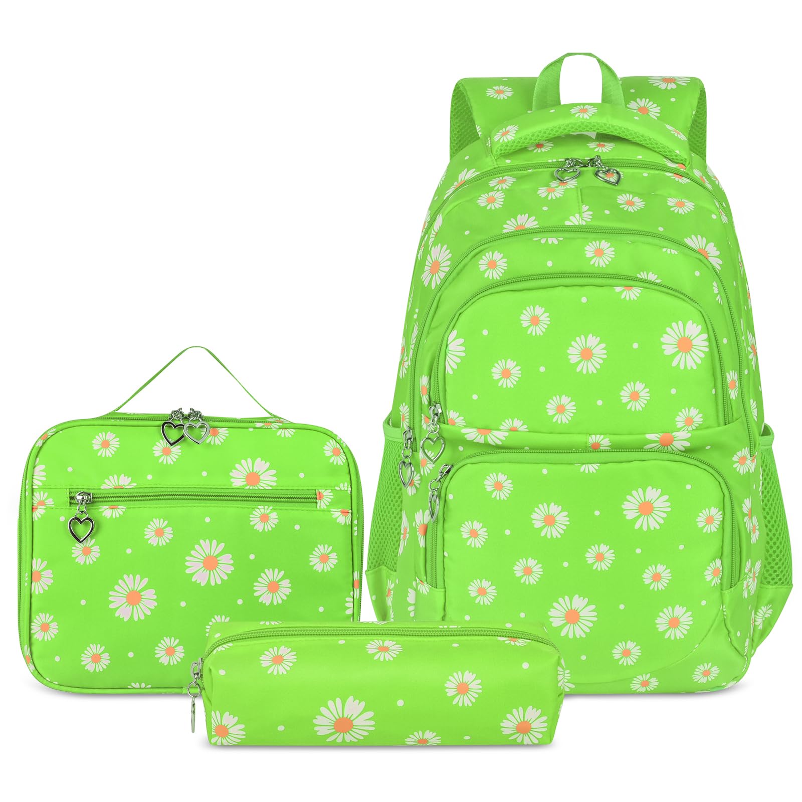 SIVENKE Set di zaino per la scuola con stampa di margherite, con borsa per il pranzo, astuccio, 3 pezzi, borse per la scuola per adolescenti, ragazze, ragazzi, scuola elementare, media, resistente