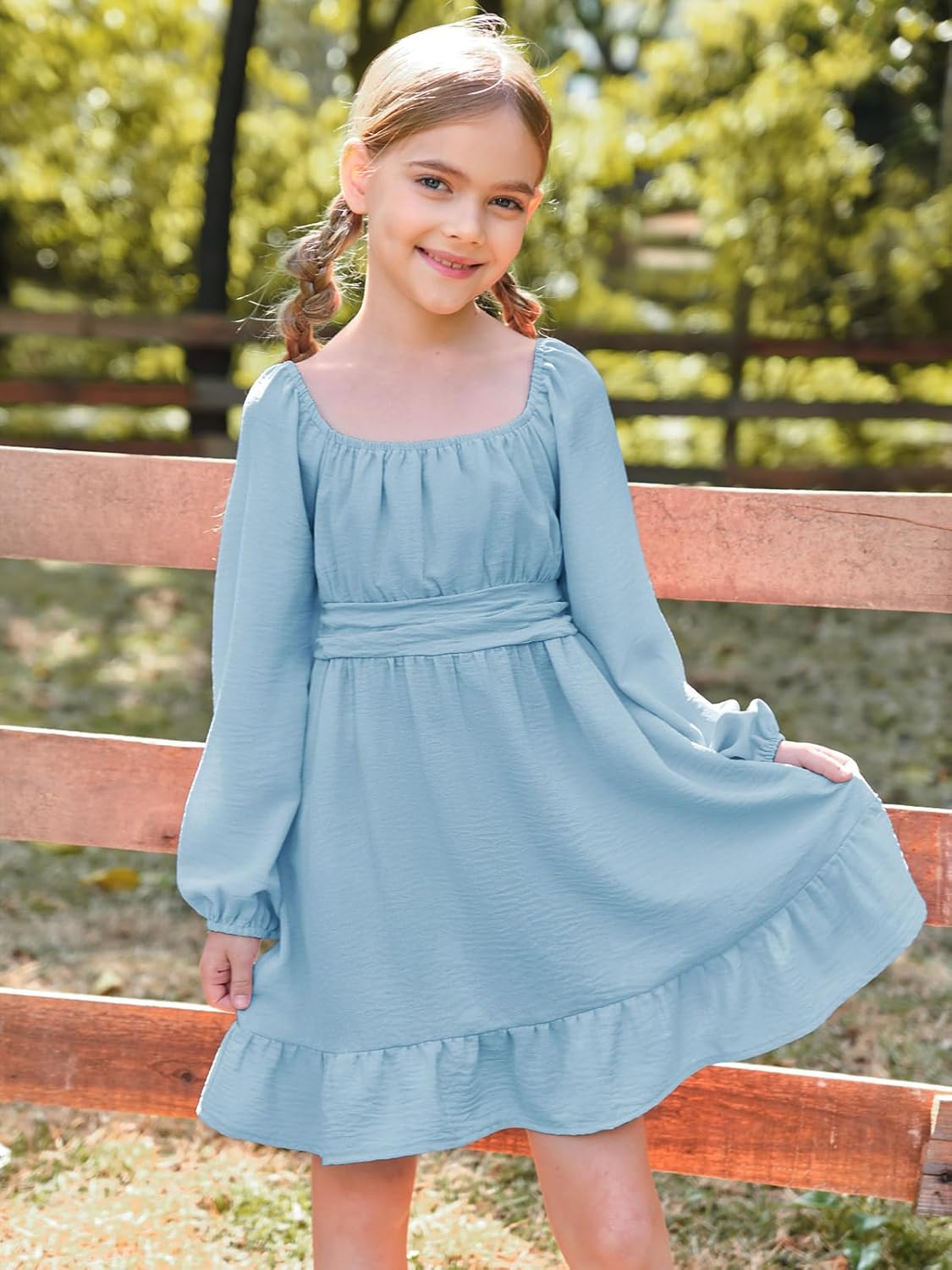 Batermoon Girls Long Sleeve Tie Back Dress Kids Fall Square Neck A-Line Mini Dresses 5-14 Years - Image 2