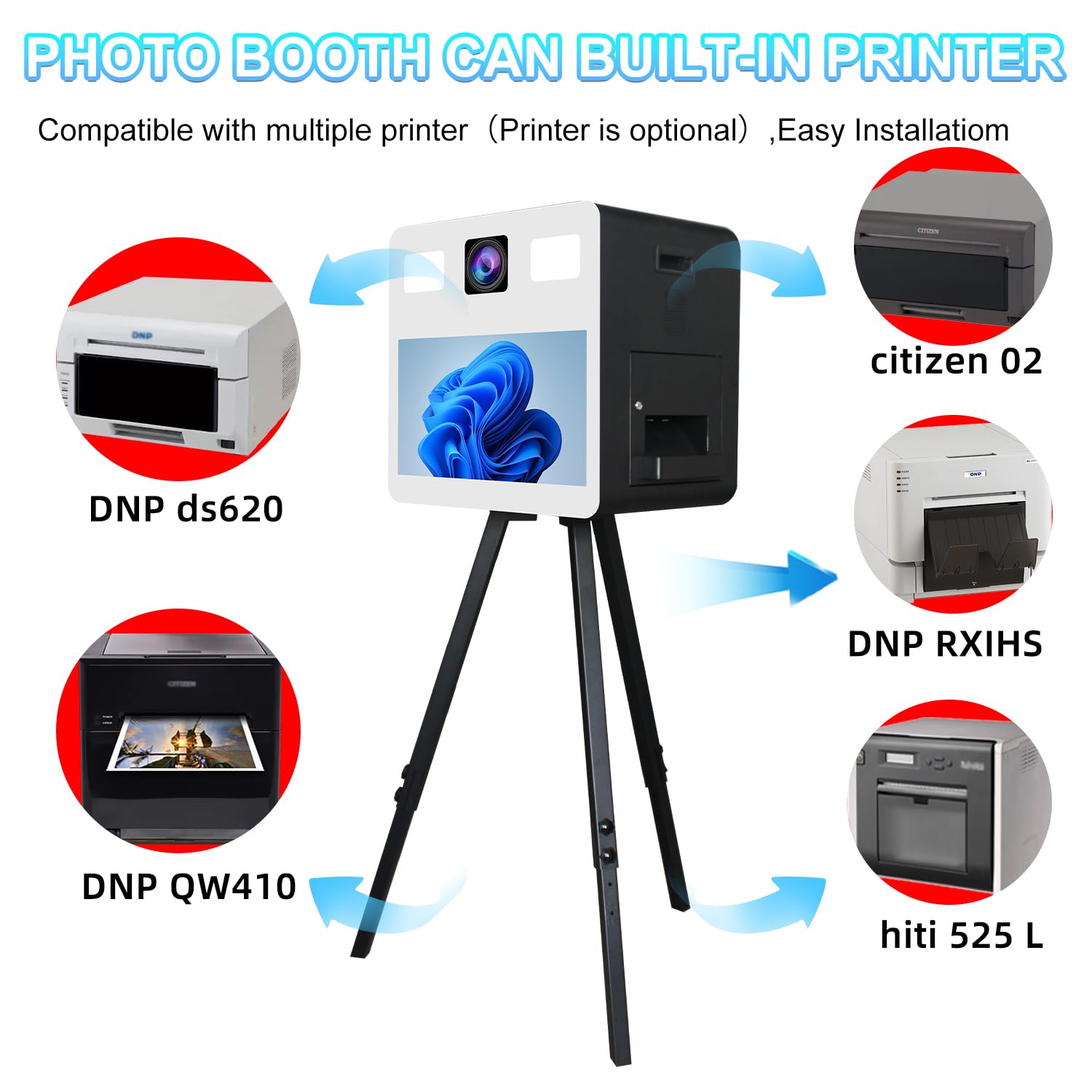 DSLR fotomat ze statywem, ekranem dotykowym 21,5", DSLR fotomat z etui lotniczym, automat fotograficzny na imprezy, wesela, do wypożyczenia (kolor biały, foto Booth + aparat + drukarka)