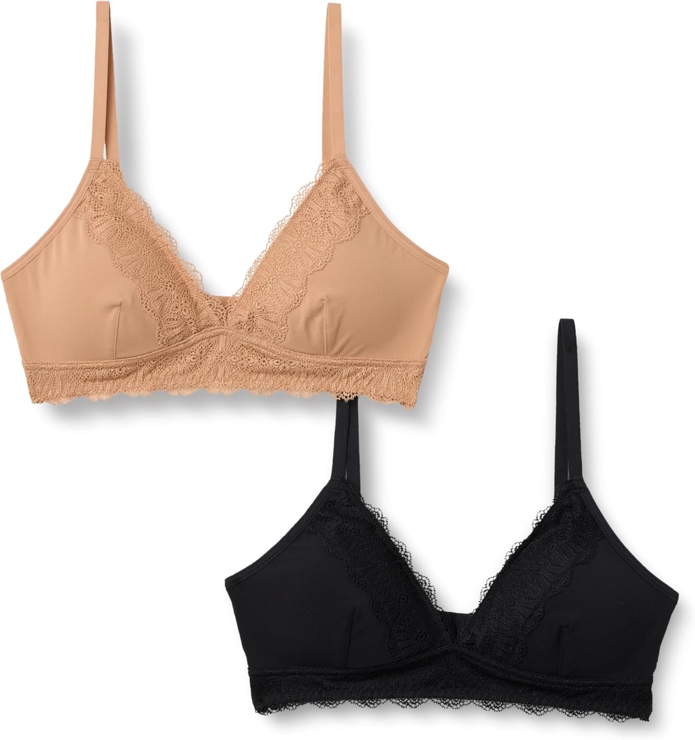 Amazon Essentials Women's Peached Microfibre with Lace Trim Lined V Neck Bralette, Pack of 2