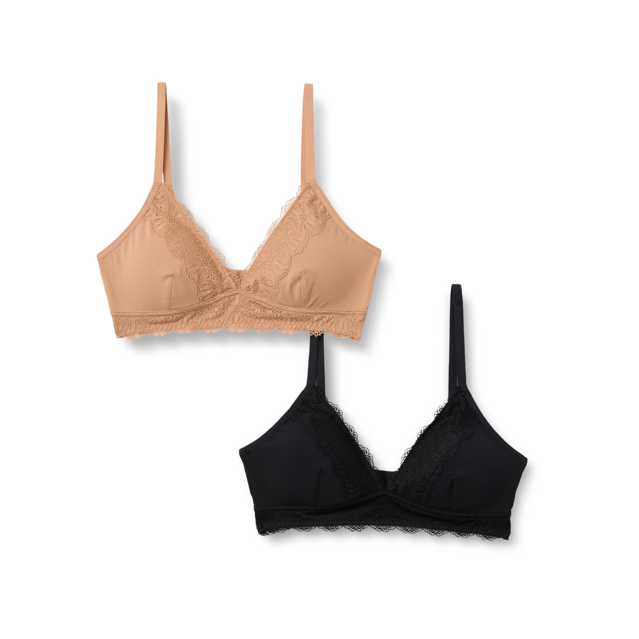 Amazon Essentials Women's Peached Microfibre with Lace Trim Lined V Neck Bralette, Black/Washed Bronze, Medium