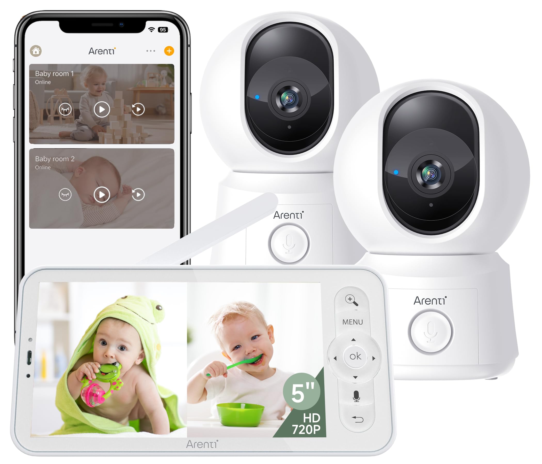 ARENTI Smart Wi-Fi 2 Camera Baby Monitor,360°Pan&Tilt,5'' Display & Night Vision,Soothing Sounds,2-Way Talk, Temperature & Motion Detection,3350mAh Battery Life
