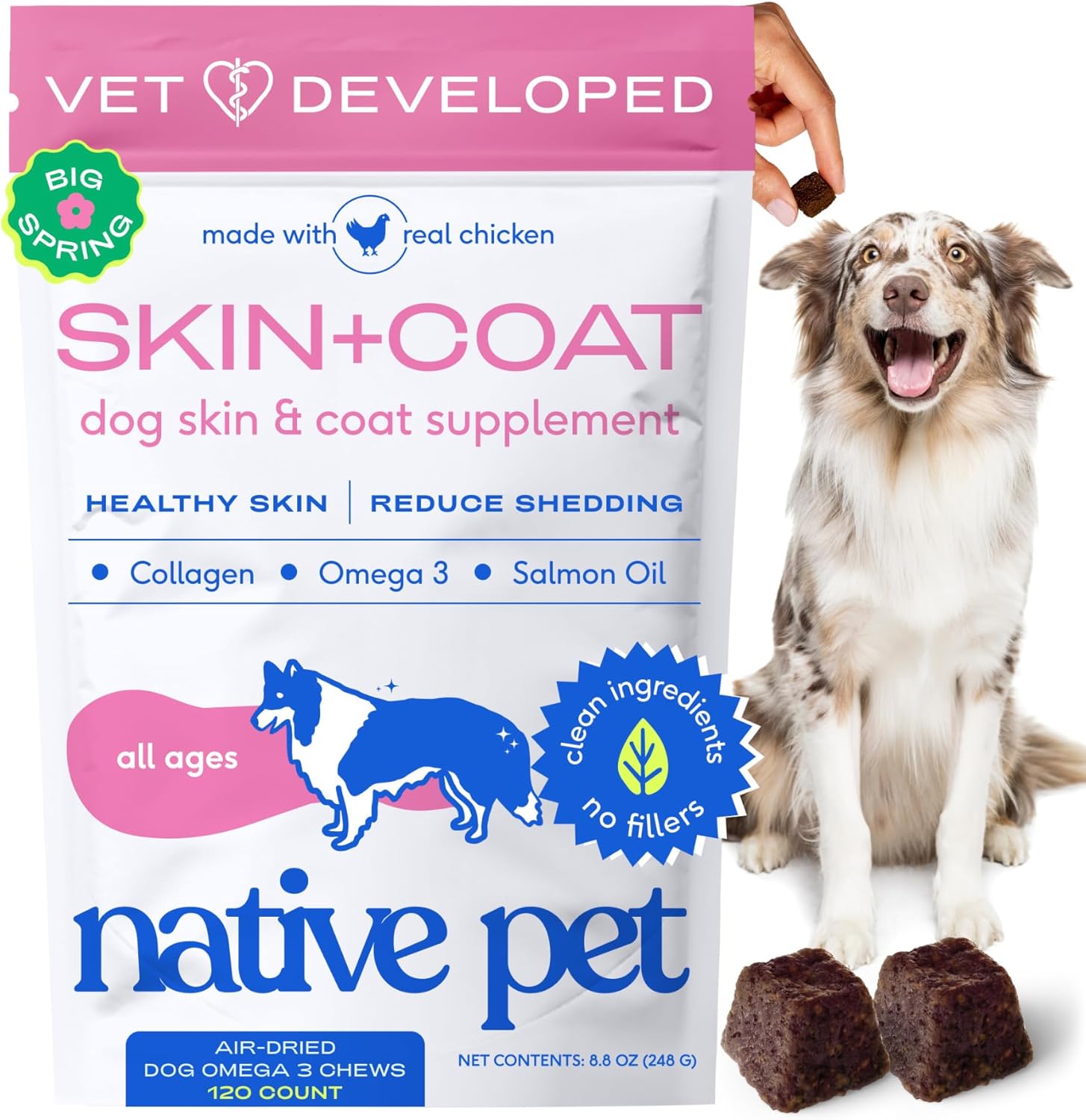 Native Pet Skin & Coat Chews - Omega 3 Fish Oil for Dogs Skin & Coat Supplement - Itch Relief, Shiny Fur & Shedding Support - Collagen, Hyaluronic Acid, Biotin, Probiotics & Salmon Oil - 120 Chews