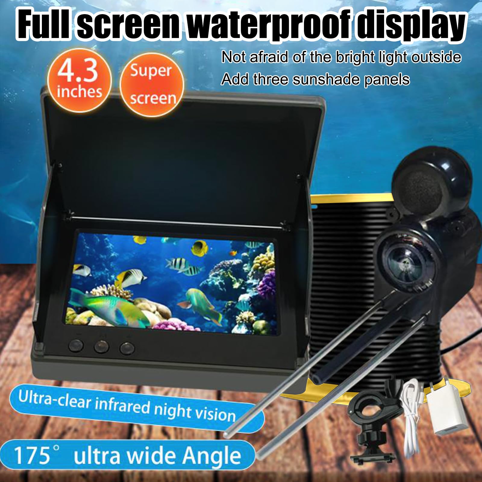 Cámara de Pesca Subacuática 4,3" IPS IP65 Visión Nocturna Infrarrojos Gran Angular