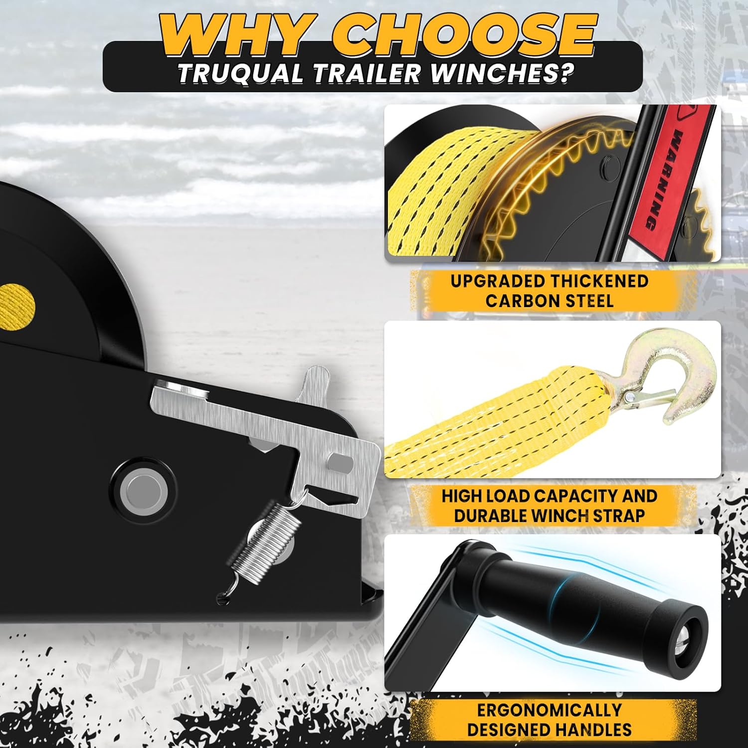 23FT Strap Boat Trailer Winches，2-Way Ratchet System Designed for Heavy-Duty Applications. 2500 lbs Ideal for Towing Trucks, ATVs, RVs, and Jet Skis.