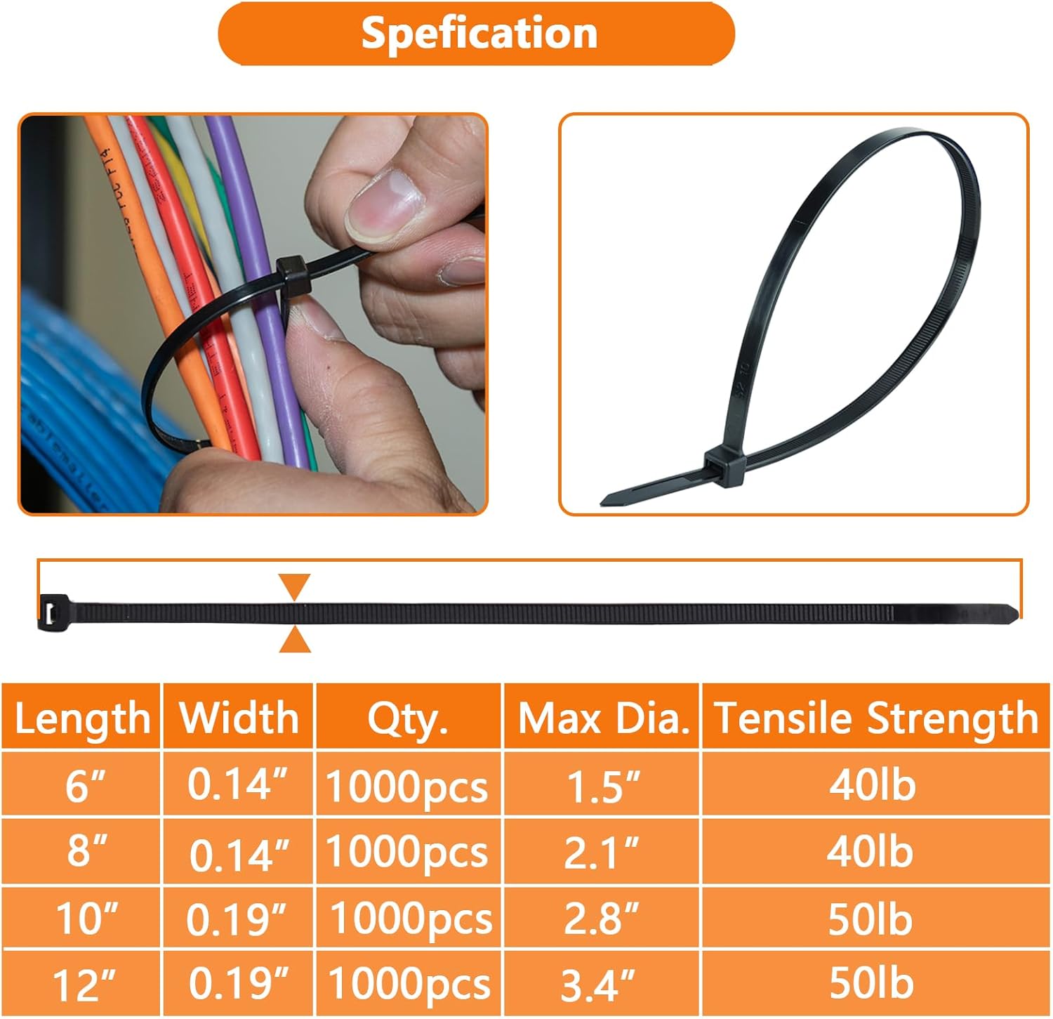 1000Pcs Black Zip Ties 6 Inch Bulk Small Cable Ties 6 In Heavy Duty Outdoor 40lbs, Mini Nylon Wire Ties 1000 Pack, Plastic Zip Tie Wraps, Zipties 6" 1000 Pack 40lb Black