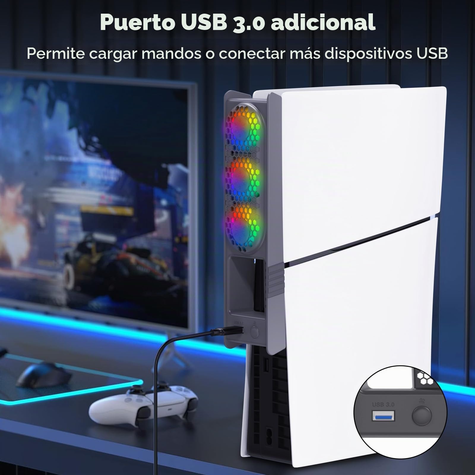 ELUTENG Ventilador para PS5 Slim, Ventilador Refrigerador para PS5 Pro con Ajuste Automático de Velocidad/Luz RGB/Hub USB 3.0, Accesorio de Refrigeración Silencioso para Playstation 5 Pro/Slim
