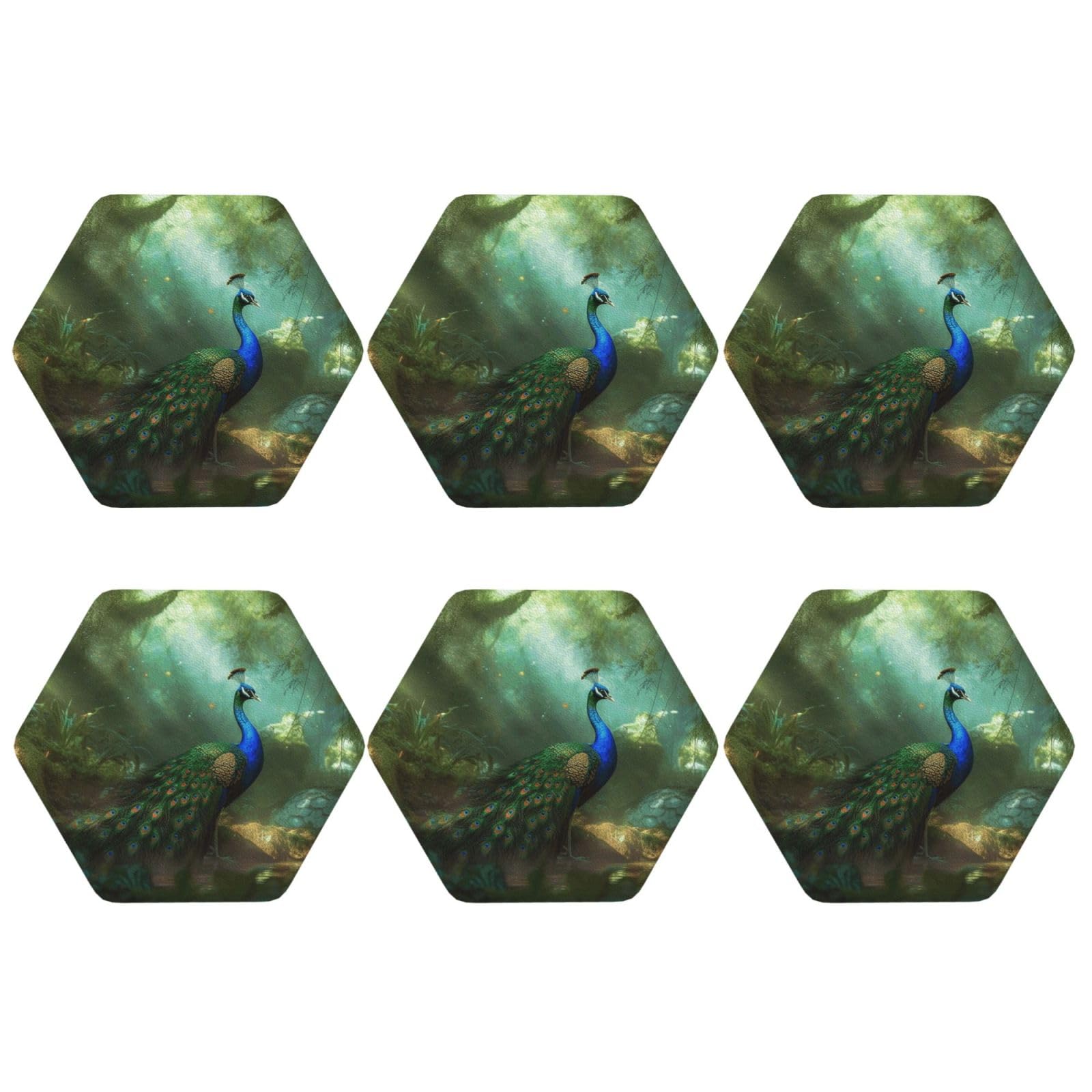 6pcs Leather Coasters for Drinks, Peacock Drink Coasters for Tabletop Protection, 4" Cup Coasters for Coffee Table Decor, Non-Slip Drinking Cup Mat for Hot Or Cold Drink