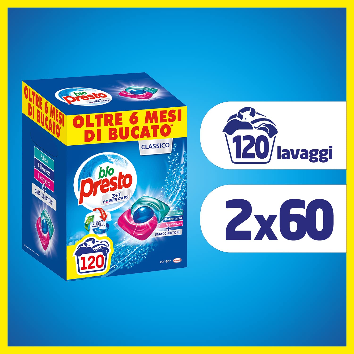 Bio Presto Power Caps Classic, vordosiertes Waschmittel in Kapseln, 2 Packungen mit 60 Waschgängen (120 Waschmaschinen)