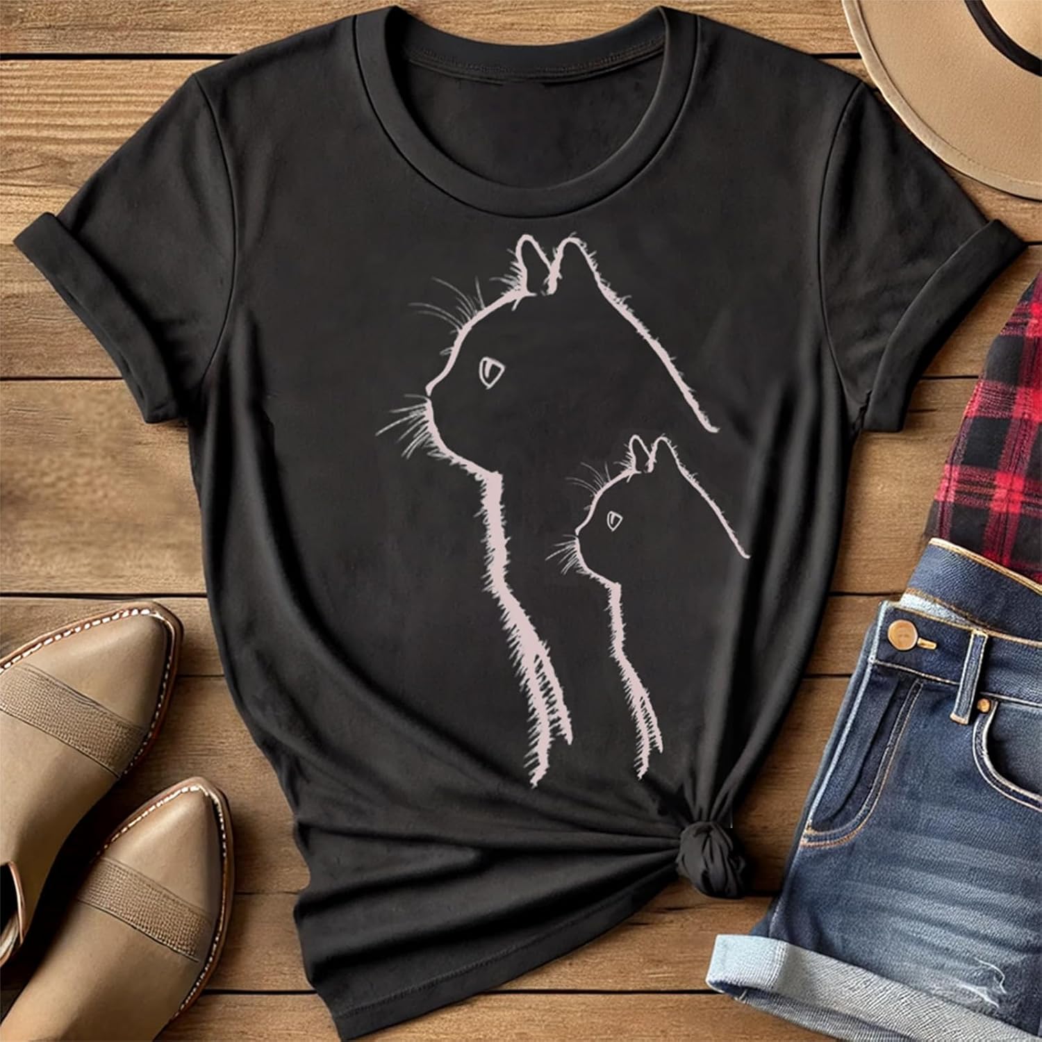 Women's T-Shirt Fun Black Cat Pattern Casual Cat Round Neck Holiday Retro Cat Pattern T-Shirt Casual Women's Tops - Image 3