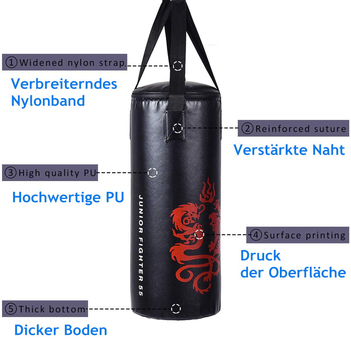 RELAX4LIFE 10 kg Boxsack Set, Boxen Set mit 8 OZ Boxhandschuhe & Springseil & Tragetasche, aufhängender Punchingsack für Kinder, Jugendliche und Erwachsene, Boxing Bag schwarz, inkl. Deckenhalterung