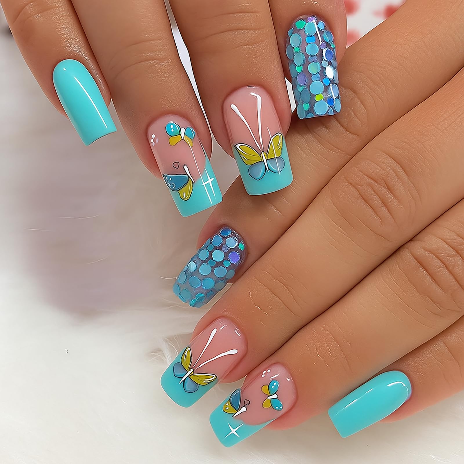 24Pcs Blue Butterfly Glitter Press on Nails with Square French Tip