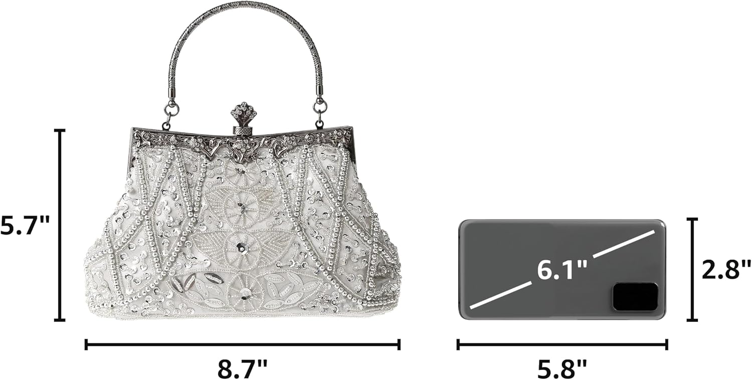 Womens Vintage Floral Beaded Rhinestone Embroidery Clutch Sequin Crossbody Bag Evening Handbag for Bridal Wedding Party Prom | Vintage