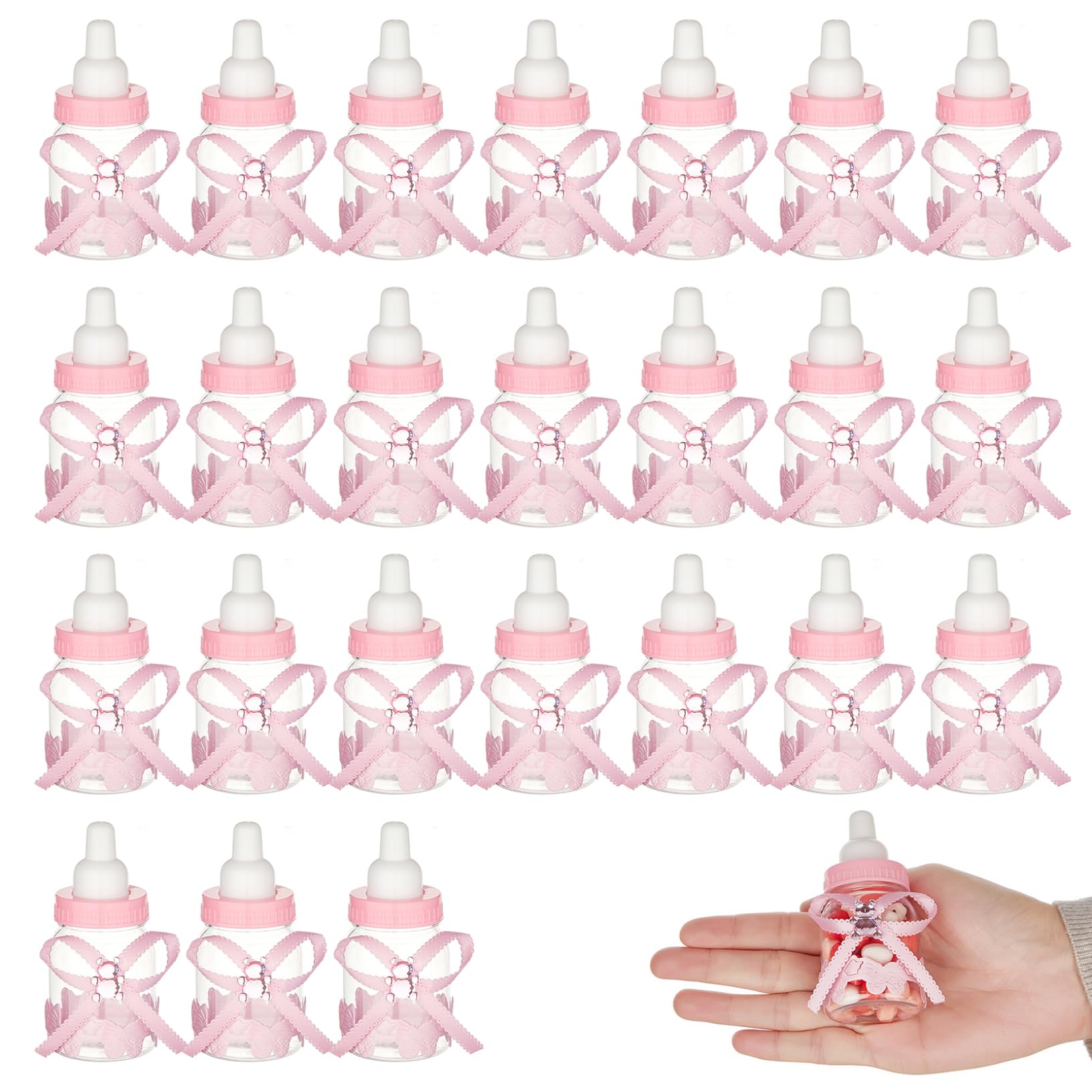 Ameble 24Pcs Fillable Mini Baby Bottles Bulk with Ribbon, Candy Baby Bottles for Boys Girls Party Supplies, Baptism Christening Birthday Shower Decoration