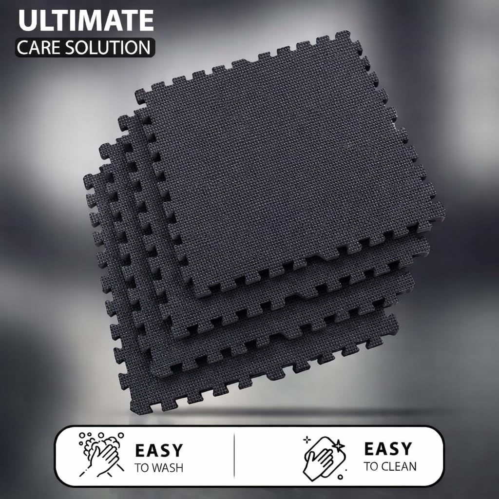 EASY HOME Interlocking Floor Gym Mats for Home and Living Room, Rubber Floor Workout Mat for Exercise, Super Absorbent EVA Foam Mat- 60x60cm - 12mm Thickness, Black (4 Tiles - 16Sqft) 4