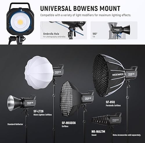 Miniatura 9 de NEEWER Luz de video LED FS150B 2.4GAPP Control, 130W 2700K-6500K 72000lux3.3 ft bicolor COB Bowens Mount fotografía iluminación de salida continua