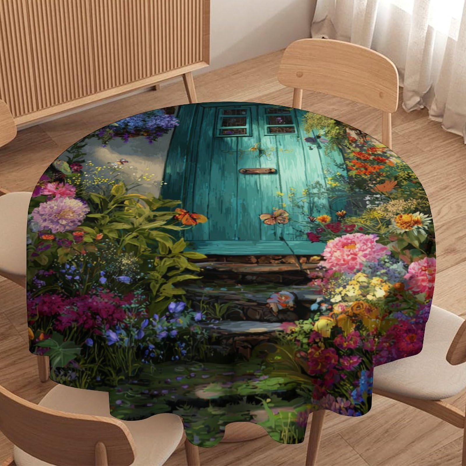LUYYSKY Rustic Abstract Fairy House Round Tablecloth Fantasy Aesthetic Spring Forest Cabin Door Flowers Print Washable Decor for Table Cover for Kitchen-127 Wx127 L cm