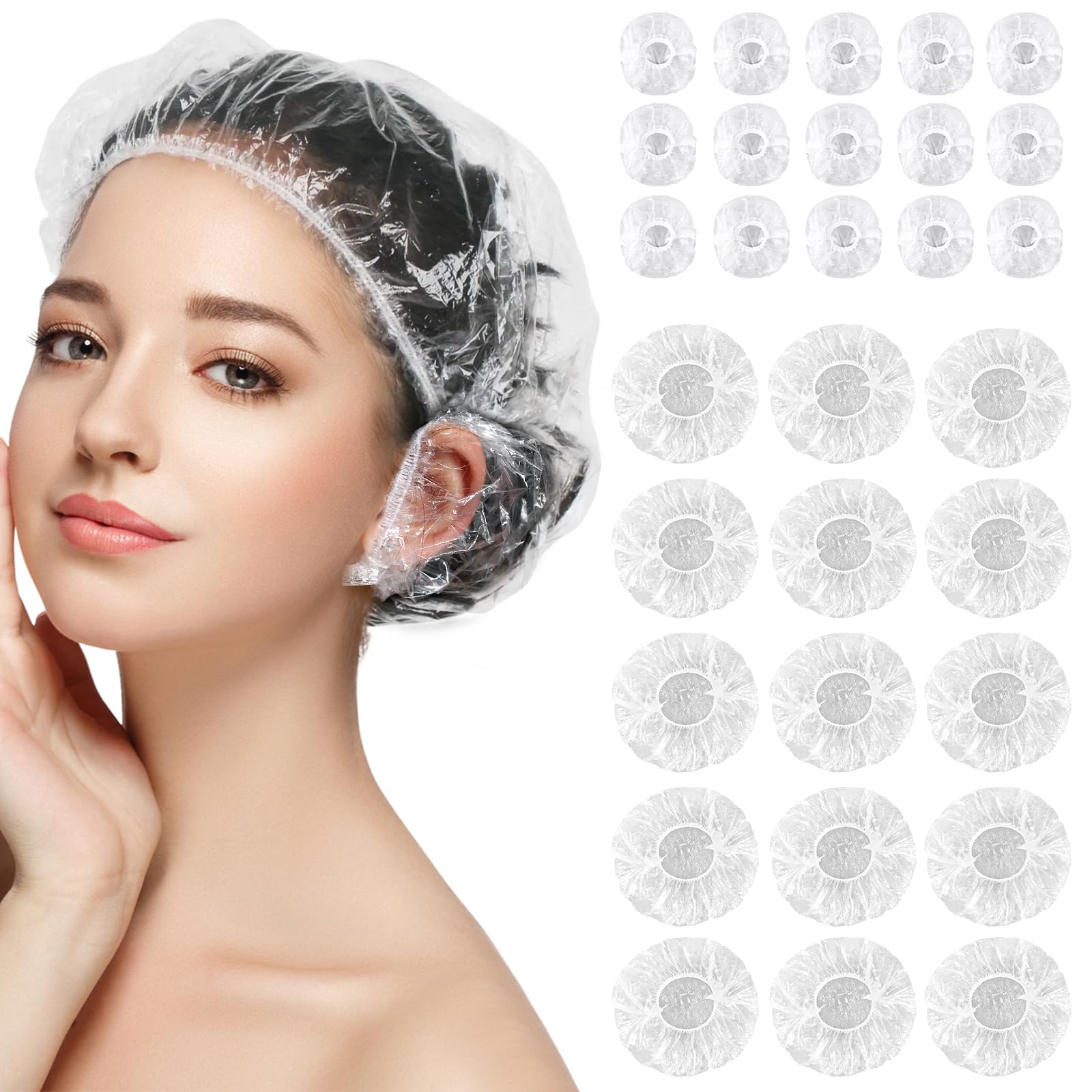 100 Piezas Gorros de Ducha, 100 Piezas Protector Orejas, Impermeables Transparente Gorro Ducha, Desechable Protector de Oreja Elásticos, para uso en el Hogar,Hotel, Spa y Peluquería