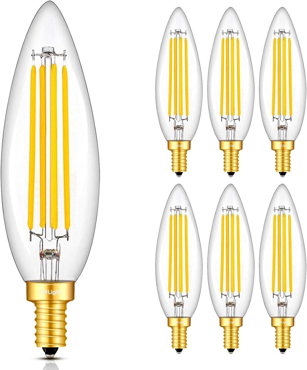 CRLight 8W Smooth Dimmable LED Candelabra Bulb, 3000K Soft White 800 LM 80W Incandescent Equivalent, E12 LED Filament Chandelier Light Bulbs, Large Size B11 Clear Torpedo Shape, 6 Pack