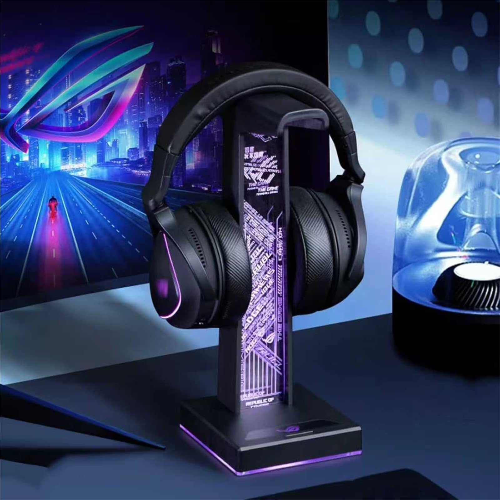 Generico Soporte Acrílico For Auriculares Gaming, RGB, con Puerto De Audio USB/3,5 Mm, 10 Modos De Luz, Ideal For Gamers, Hombres Y Amantes De La Música.(Black)