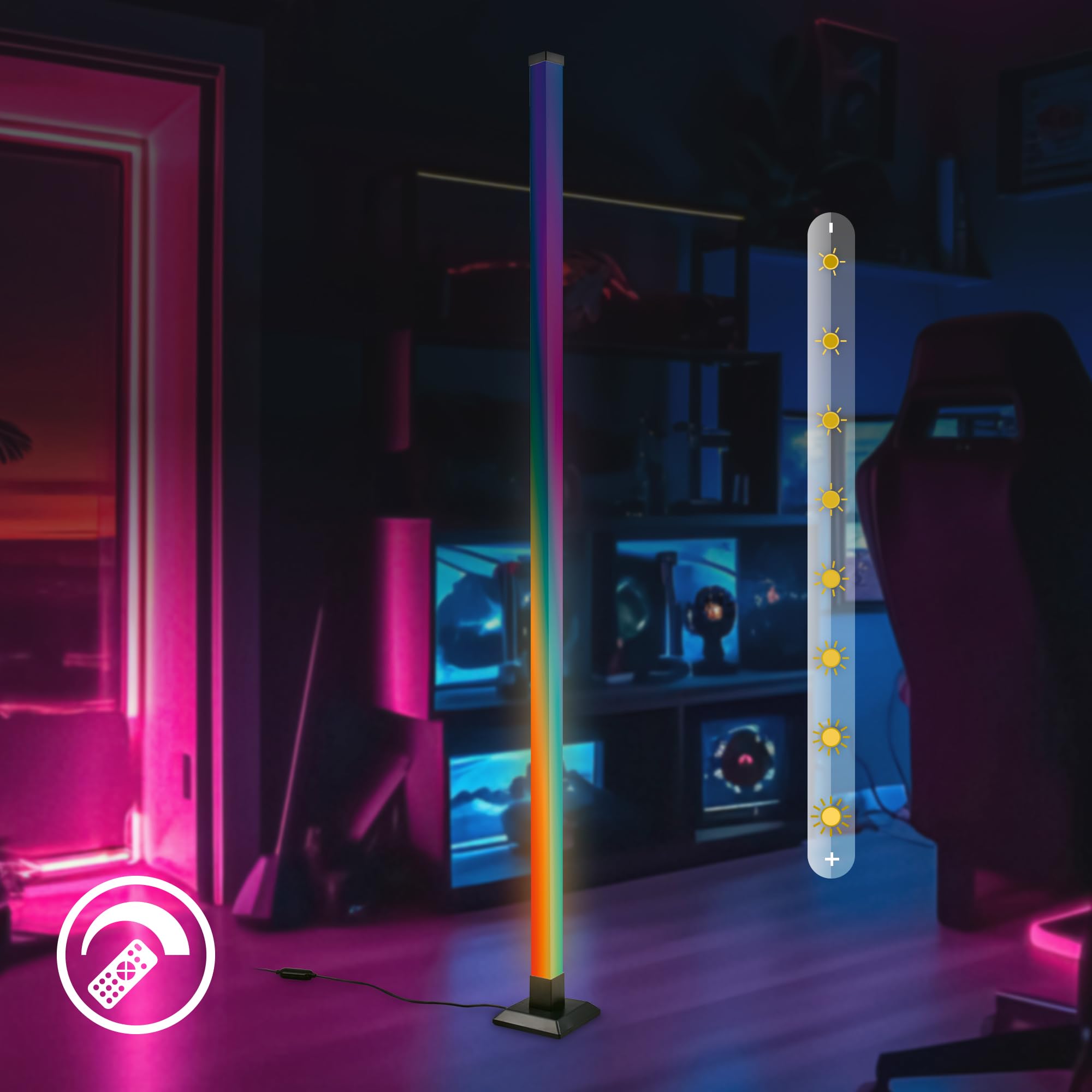 BRILONER - Lampara de pie LED con mando a distancia, regulable, función de música, lampara pie, 150x12,5x12,5 cm, negro