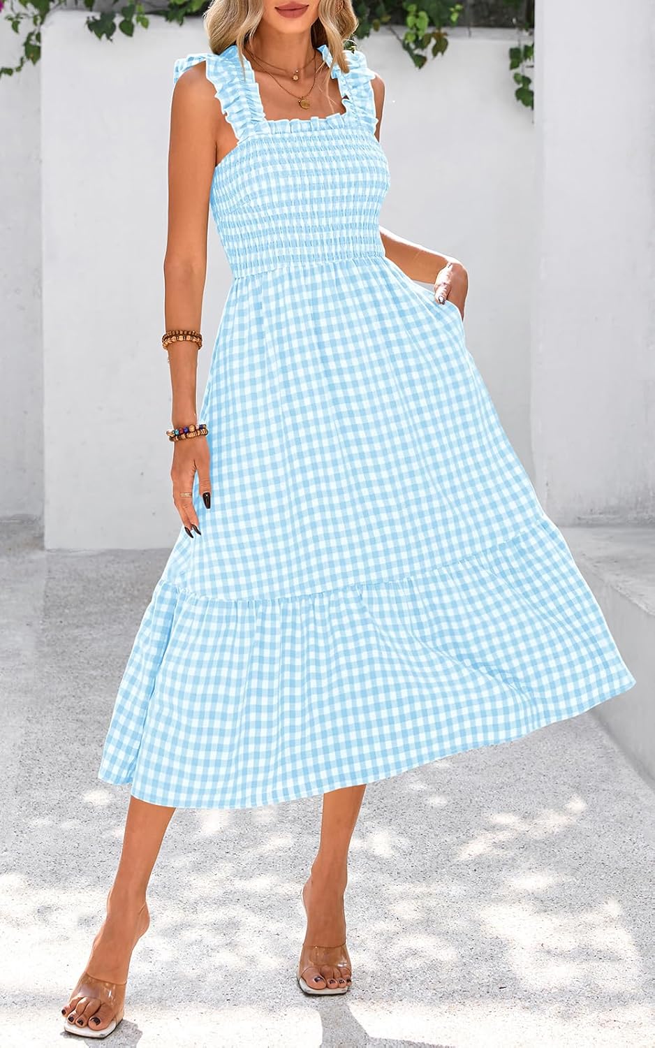 PRETTYGARDEN Womens Summer Dress Casual Square Neck Ruffle Strap Gingham Smocked Midi Flowy A Line Beach Vacation Sun Dresses - Image 6