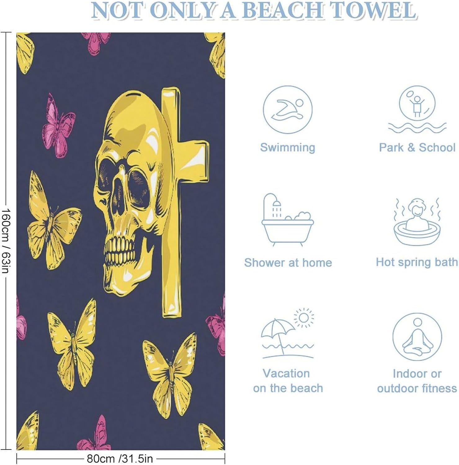 Cross Skull Navy Bath Towel Beach Towels Quick Dry Oversized Bath Blanket Highly Absorbent Towel for Women Men 160x80cm