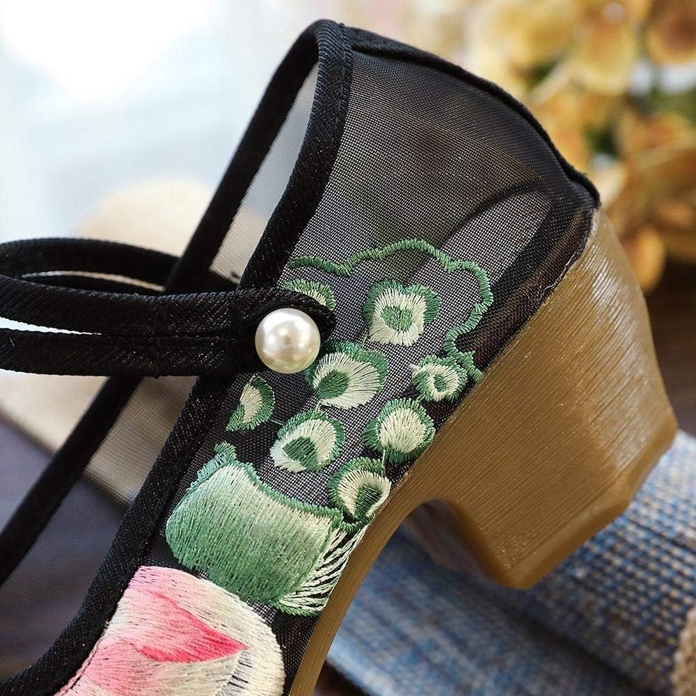 女性のための刺繍の靴夏の女性のガーゼメッシュ生地刺繍ブロックヒールの靴4Cmヒール快適でエレガントな女性は刺繍のかかとをパンプス (