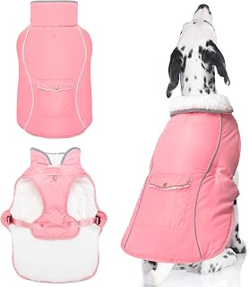 Dog Winter Coat - Warm Dog Clothes for Rain Snow Wind Cold Weather - Reflective Pink Adjustable Waterproof Windproof Pet Vest Jacket with Leash Hole for Small Medium Large Dogs Indoor Outdoor