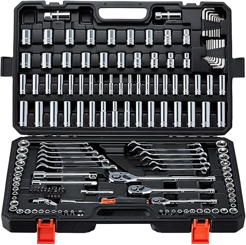 Miniatura 9 de VEVOR - Juego de herramientas para mecánicos y juego de vasos estándar y profundos, 145 piezas en unidades SAE y métricas con puntas, llave