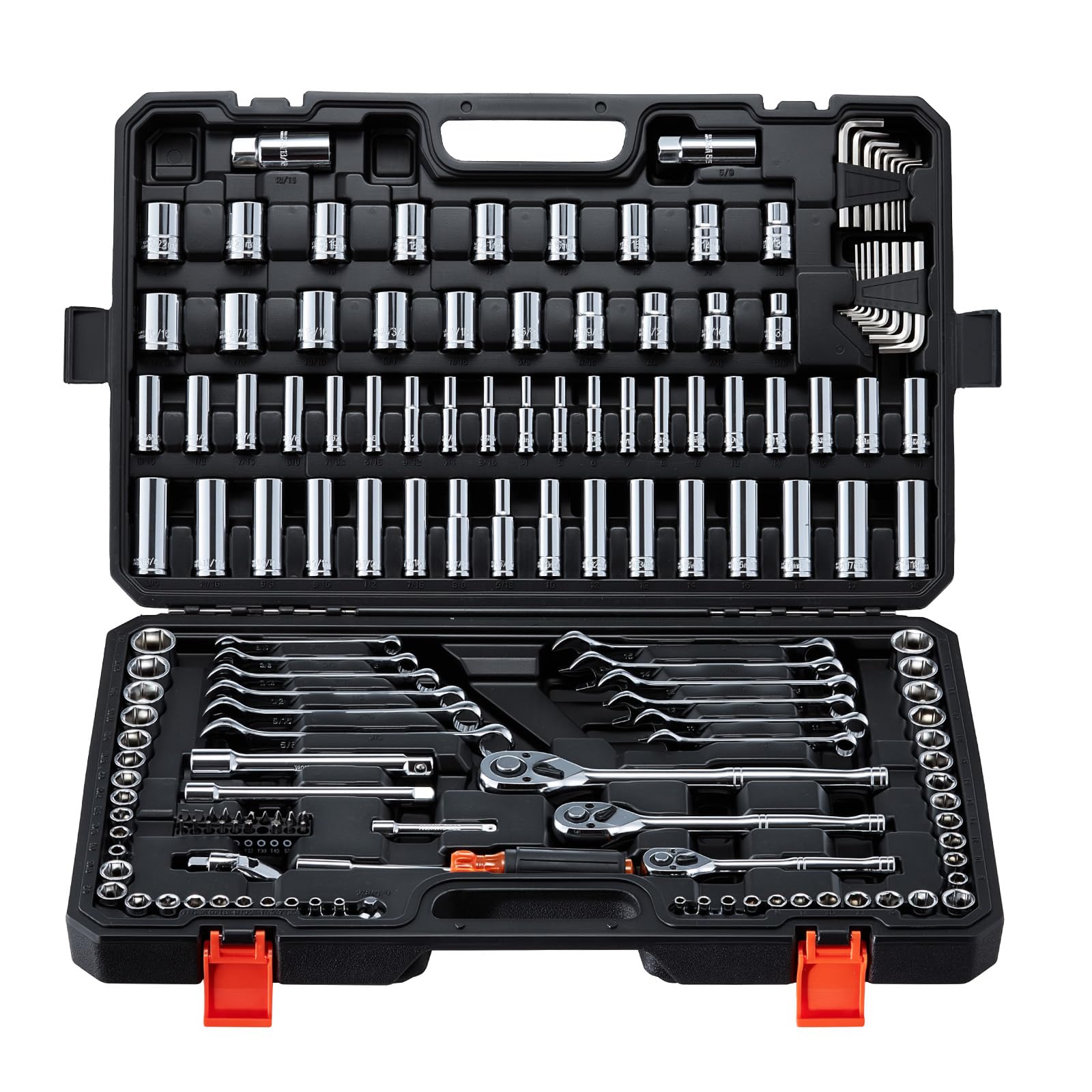 VEVOR Mechanics Tool Set, 159-Piece Mechanic Tool Kit, 1/4 in, 3/8 in, and 1/2 in Drive, SAE and Metric Socket Set, Wrenches, Screwdriver Bits,