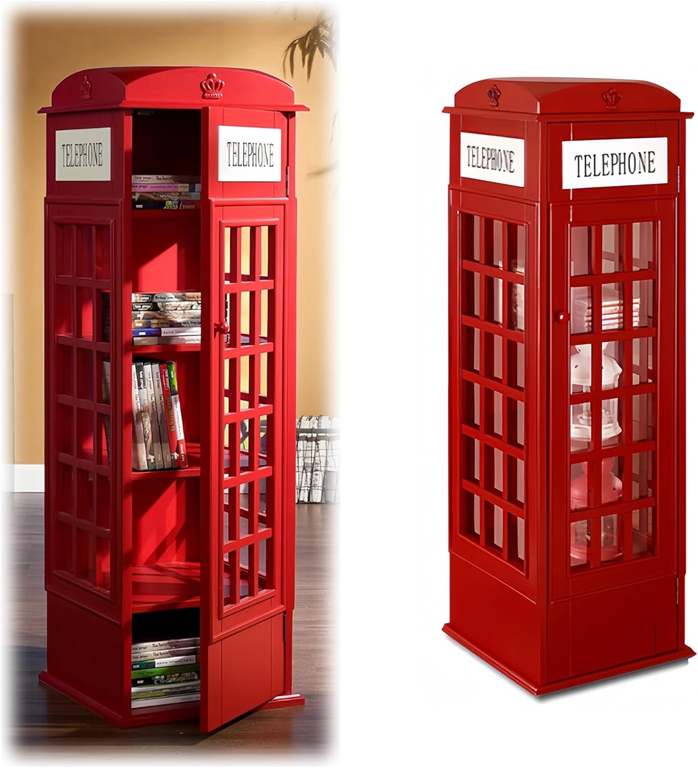 5-Tier Telephone Booth Bookshelf - Wooden Bookcase with Acrylic Door, Freestanding Storage Cabinet for Books, CDs and Display, Vintage Phone Booth Style Shelf (Red)