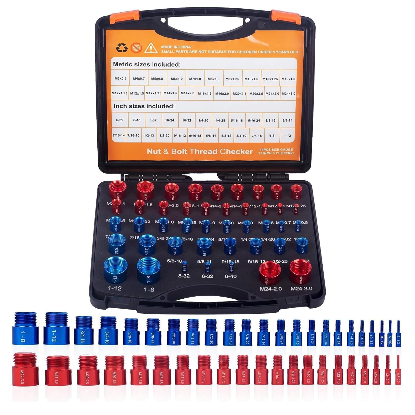Bewinner 44pcs Nut and Bolt Thread Checker Set, Aluminum Alloy, Red & Blue, Inch & Metric, Quick Size Identification, Improved Efficiency for Tight