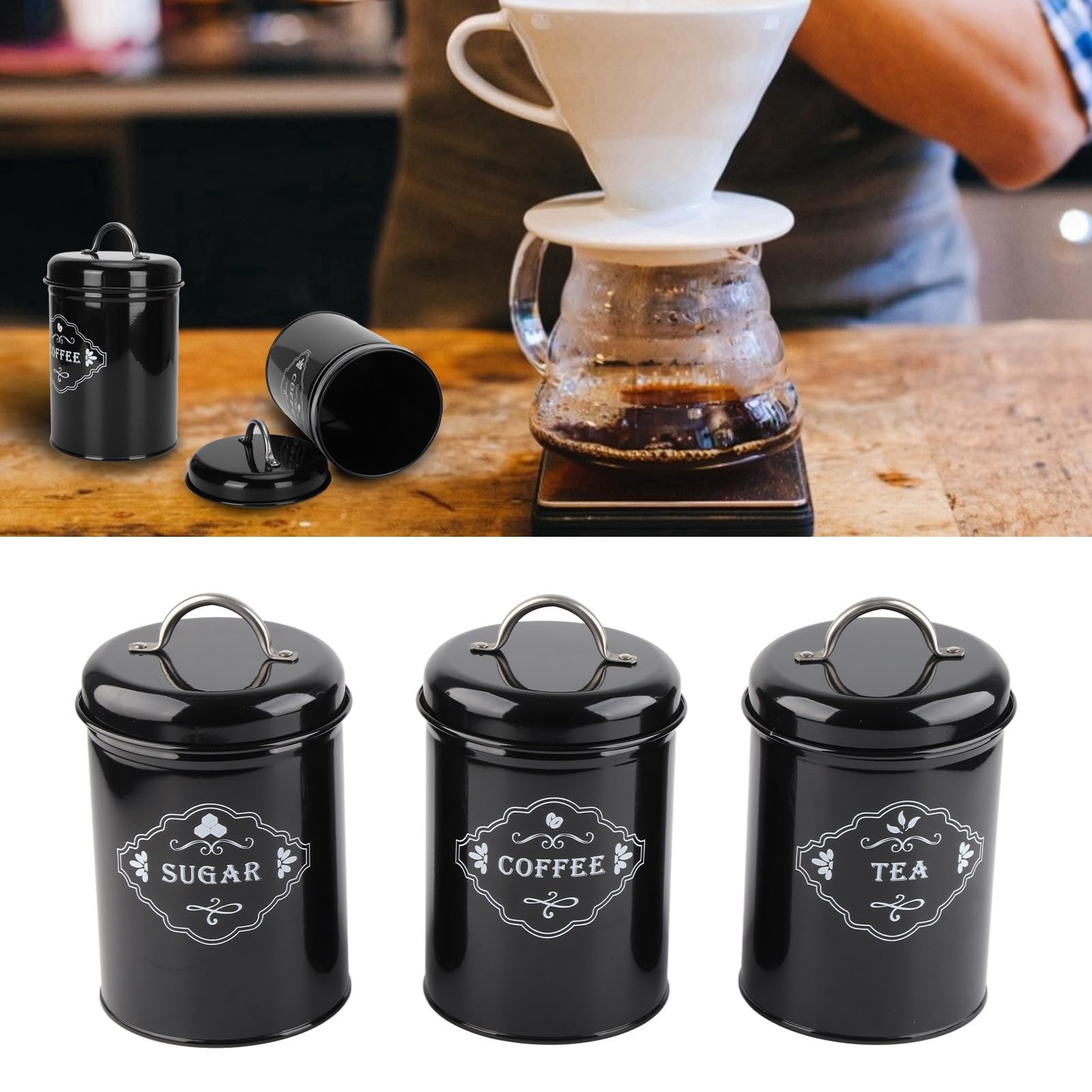 Kaffee- und Zuckerbehälter, 3-teiliges schwarzes versiegeltes -Set, Aufbewahrungsorganisator for Zuhause, Küche, versiegelte Dosen, Box, Backzubehör/135