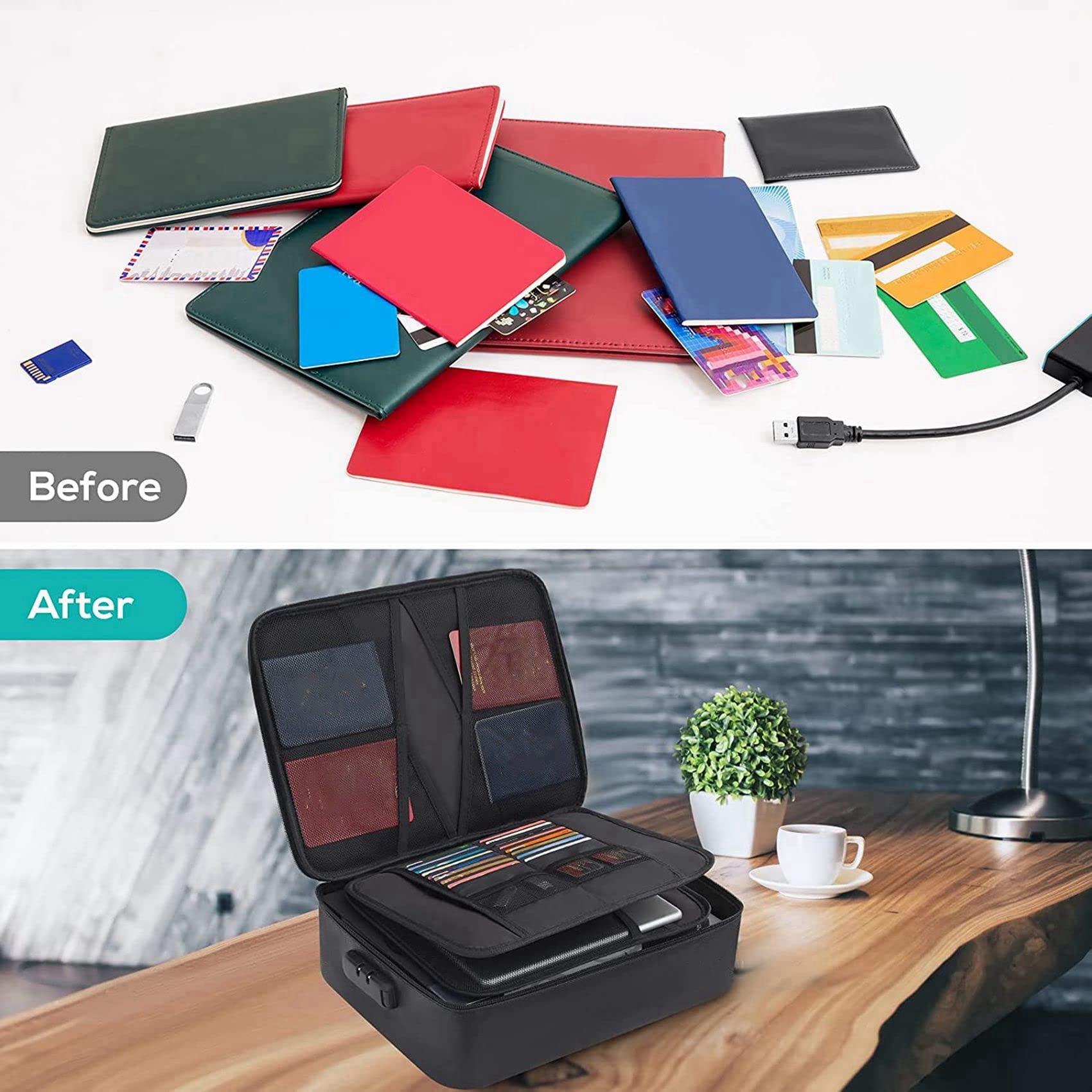 2X Borsa Portadocumenti Ignifuga con Serratura Home Office Travel Cassetta di Sicurezza Ignifuga E Impermeabile Archiviazione File con Maniglia Portatile