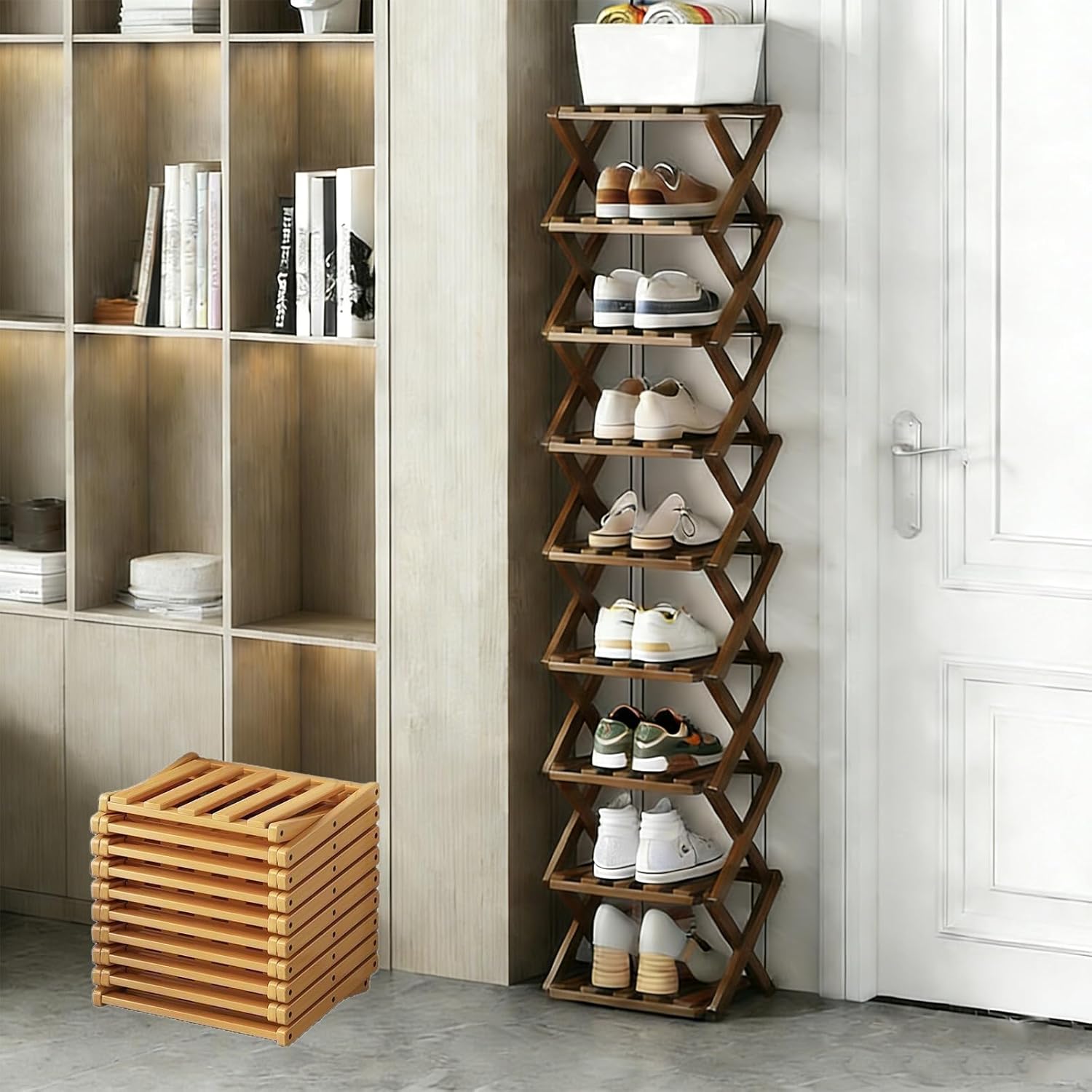 The 9-Tier No-Assembly Bamboo Rack, 9 Tier Bamboo Shoe Rack, No-Tool Assembly, Space-Saving Multifunctional Shelf for Entryways, Corners, Bedrooms, Balconies (Brown)