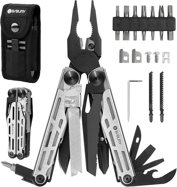 BIBURY Multitool Pliers Pro BI2045 Black + Silvery, Foldable Multitools With Replaceable Wire Cutters and Upgraded Scissors, T-Shank Interchangeable Tools, Ideal for Camping Fishing Survial