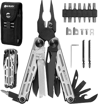 BIBURY Multitool Pliers Pro BI2045 Black + Silvery, Foldable Multitools With Replaceable Wire Cutters and Upgraded Scissors, T-Shank Interchangeable Tools, Ideal for Camping Fishing Survial