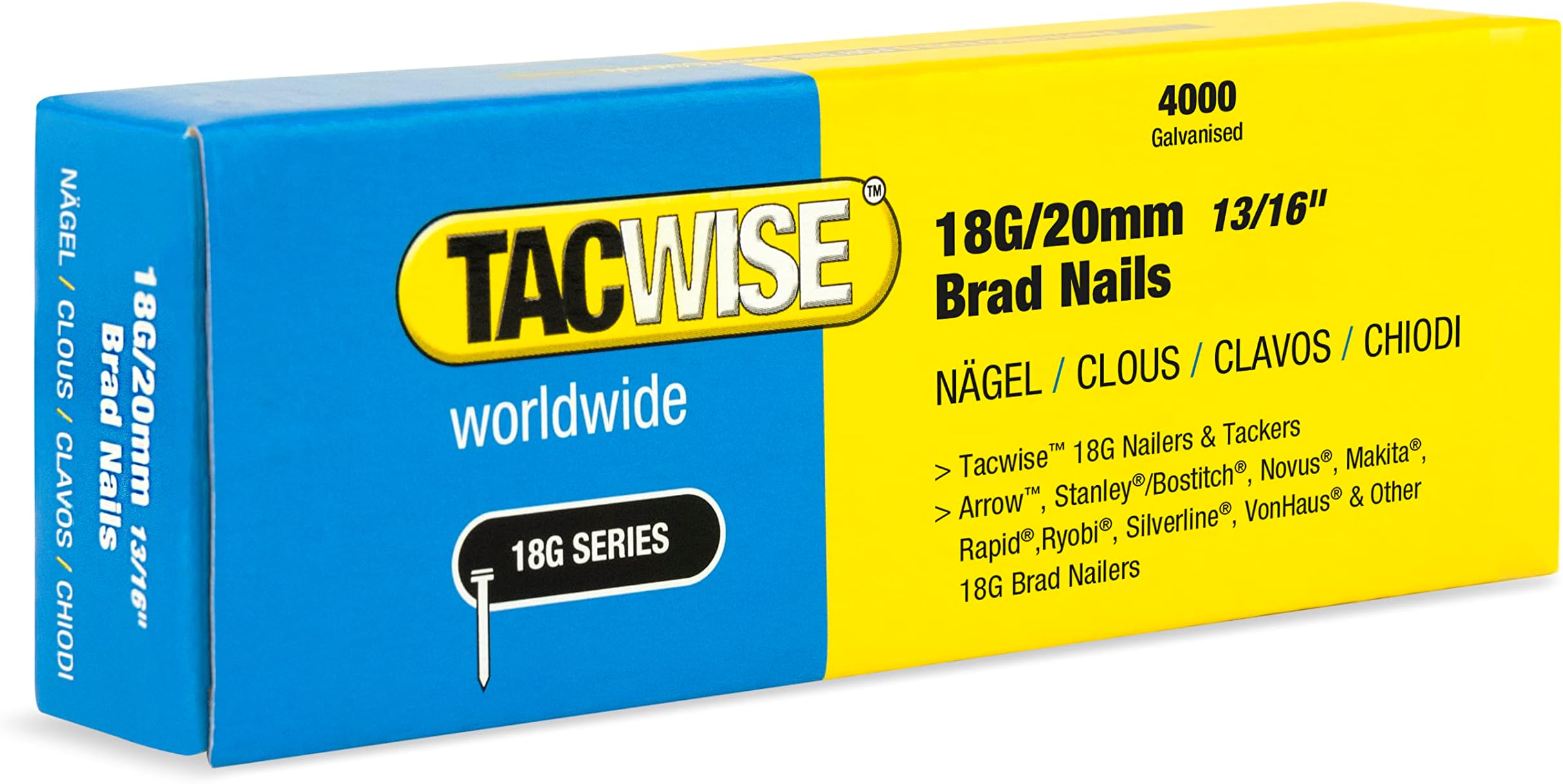 Tacwise 1709 Type 18G / 20 mm Galvanised Brad Nails, Pack of 4,000