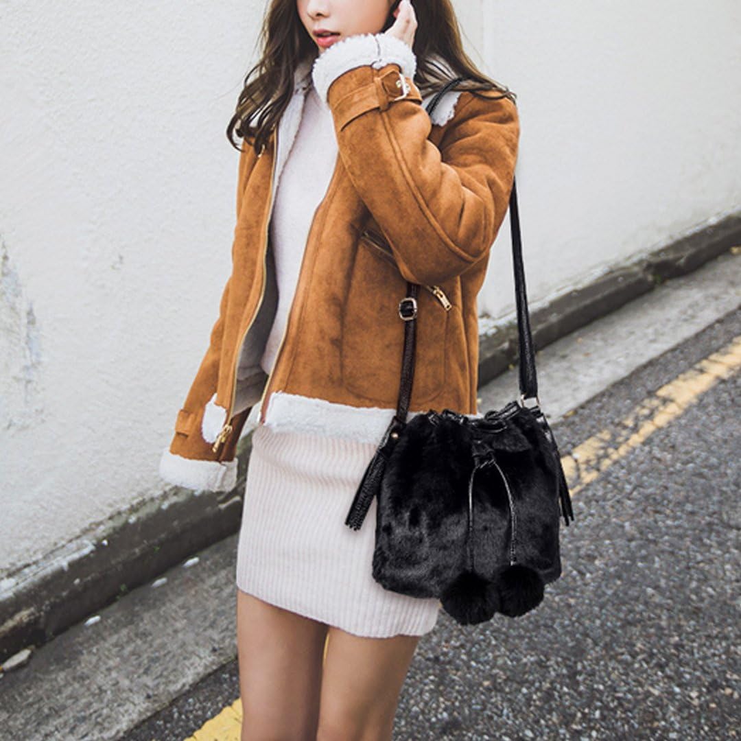 Van Caro Women’s Faux Fur Drawstring Bucket Bag Shoulder Crossbody Bag