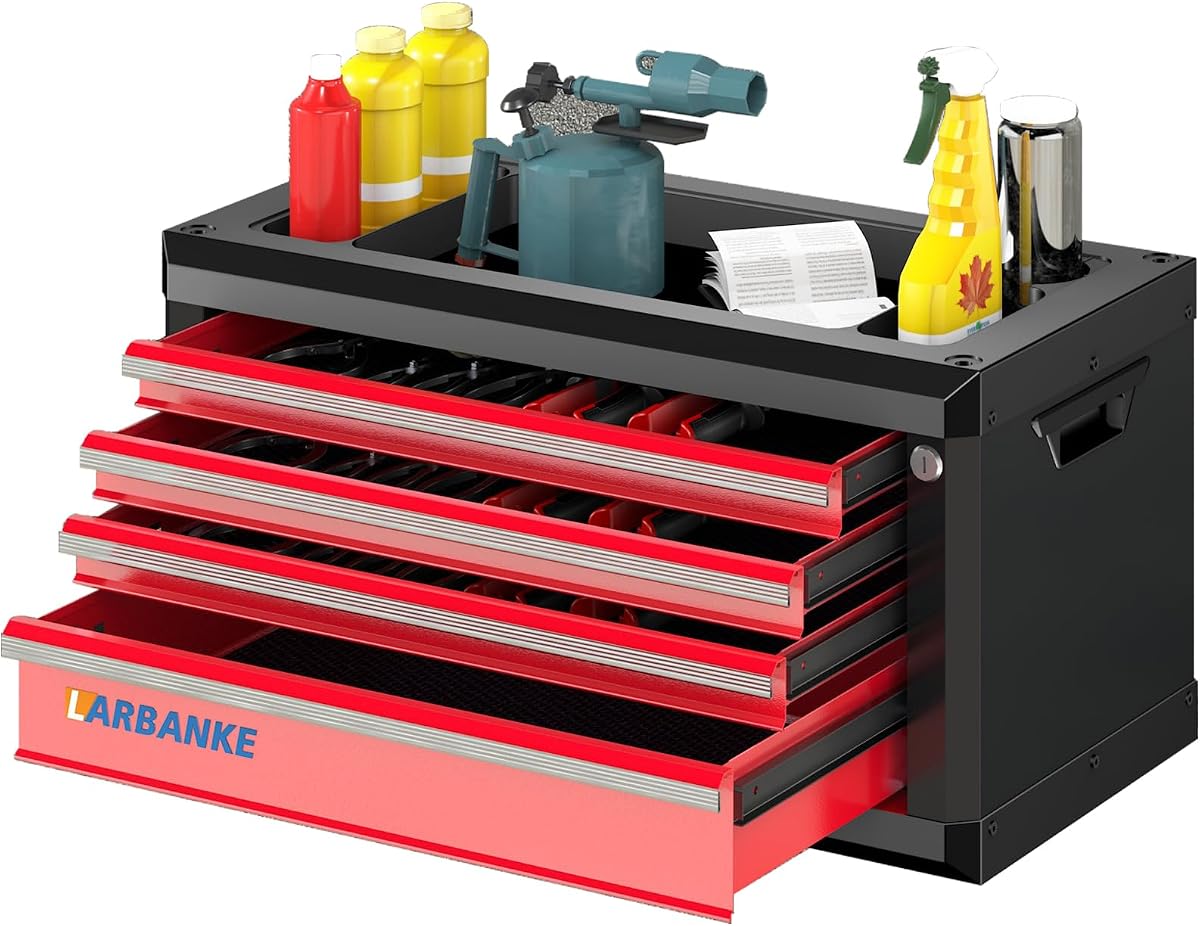 Caja de herramientas portátil de 4 cajones con asa, Caja de herramientas con cerradura, Rojo | Mango portátil, cerradura y llaves, encimera impermeable y resistente al óxido, revestimientos antiarañazos, esquina anticolisión, hebilla de conexión
